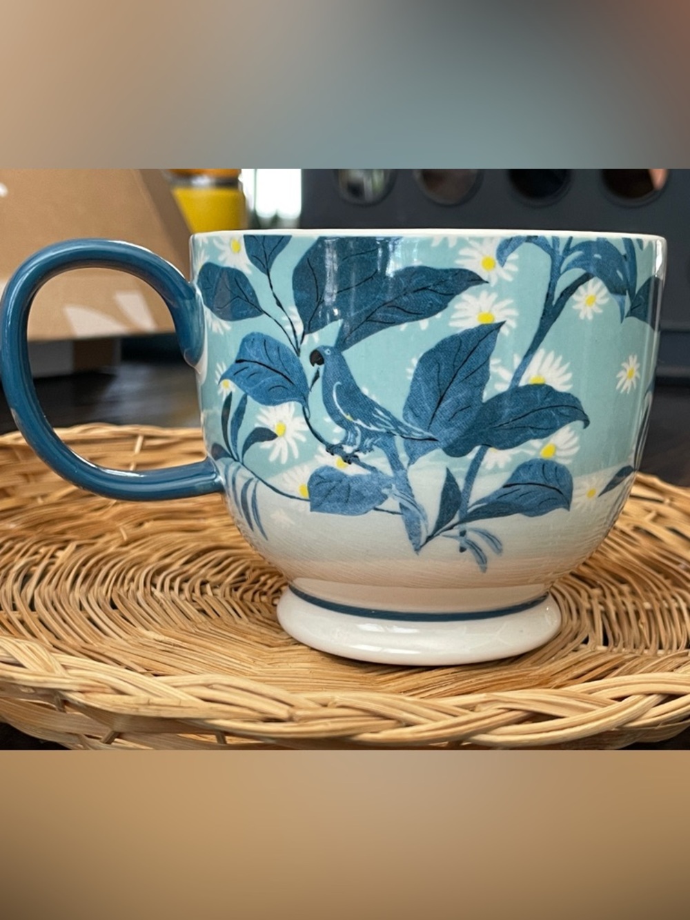 Anthropologie Blue Botanical Parrot Ceramic Mug
